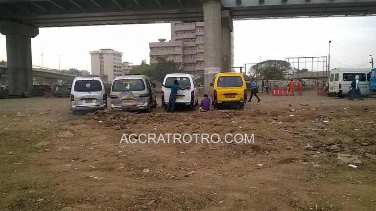 Trotro buses under the interchange at Circle