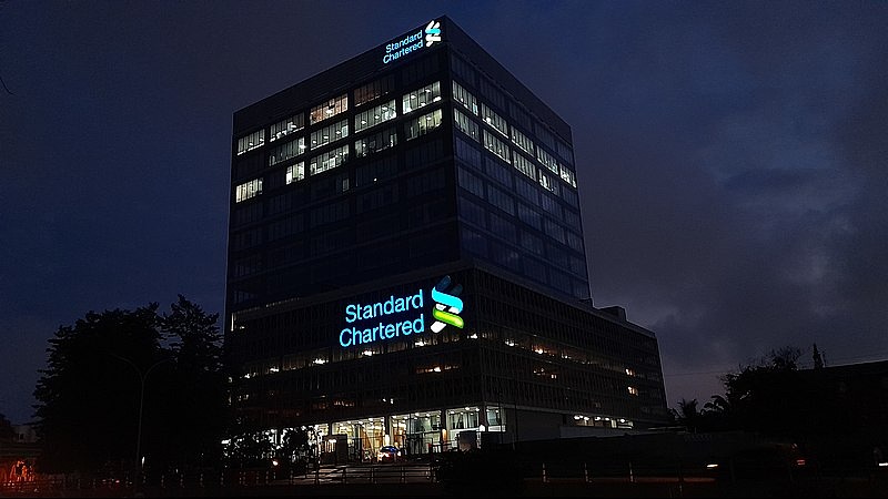 Standard Chartered Bank head office at Ridge at night