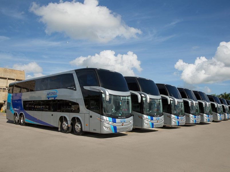 Buses await schedule at a terminal