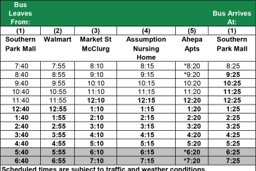bus schedule for a city transport service