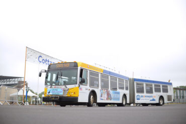 Mass transit bus arriving on schedule