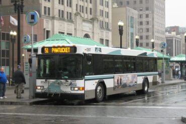 a ripta bus parks during rain