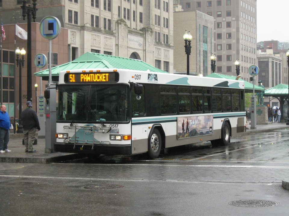 a ripta bus parks during rain
