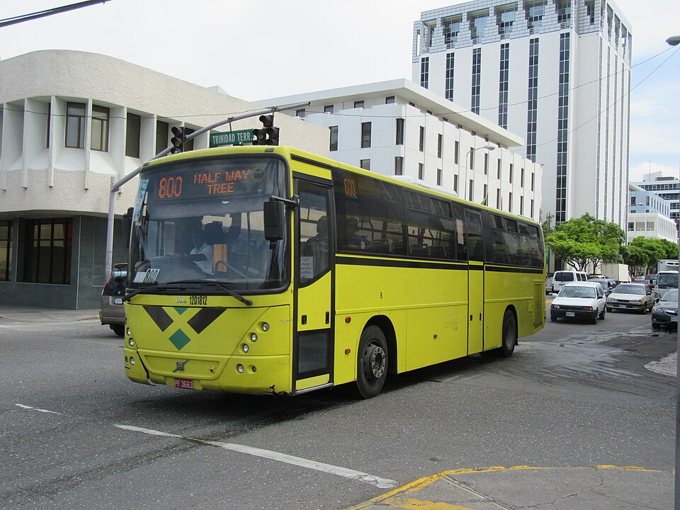 a transit bus passes a building