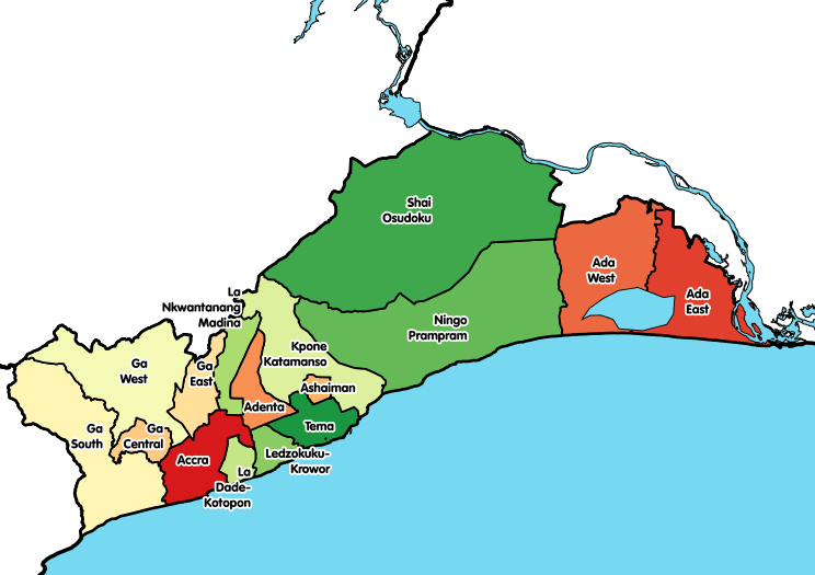 map showing greater accra administrative regions