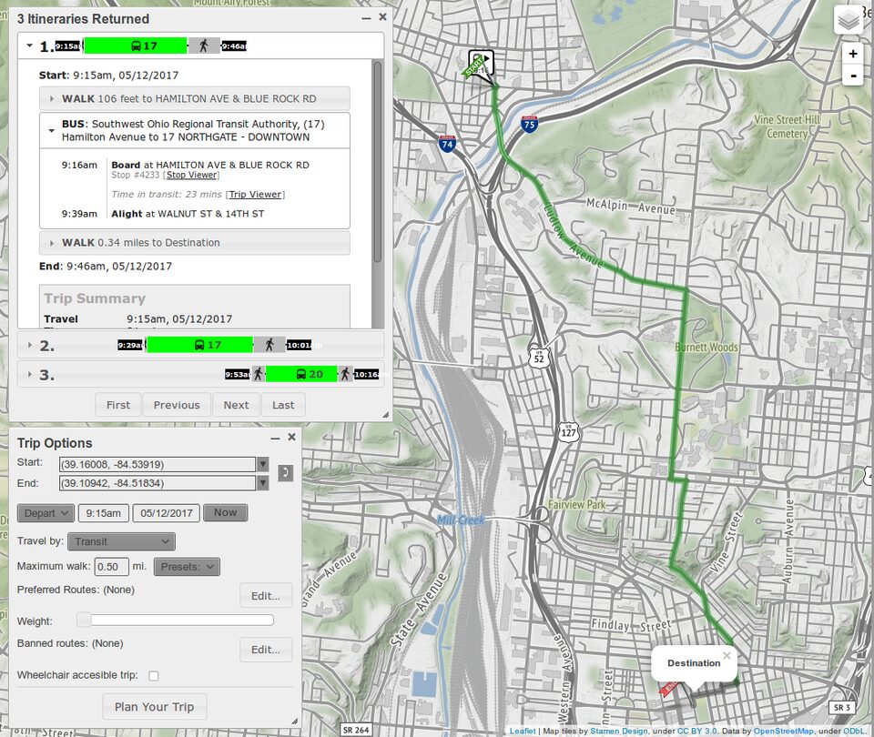 screenshot of a trip planner software