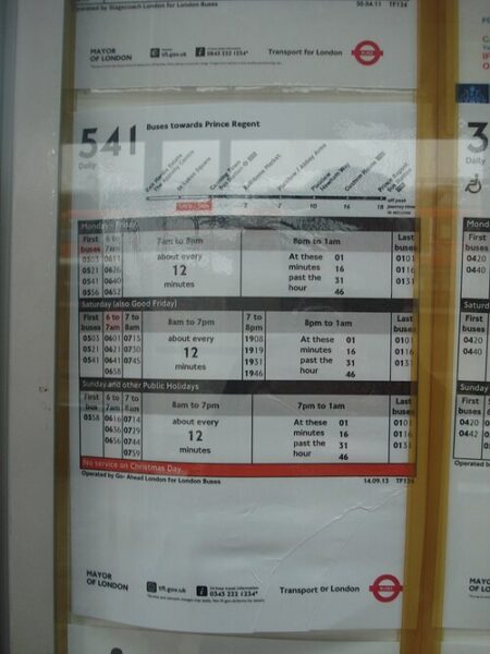 A bus timetable showing departures