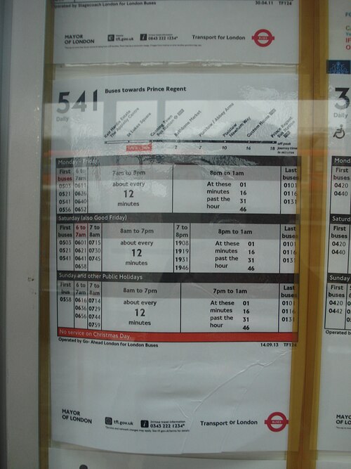 A bus timetable showing departures
