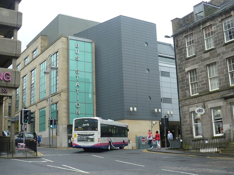 A coach enters the Edinburgh bus station