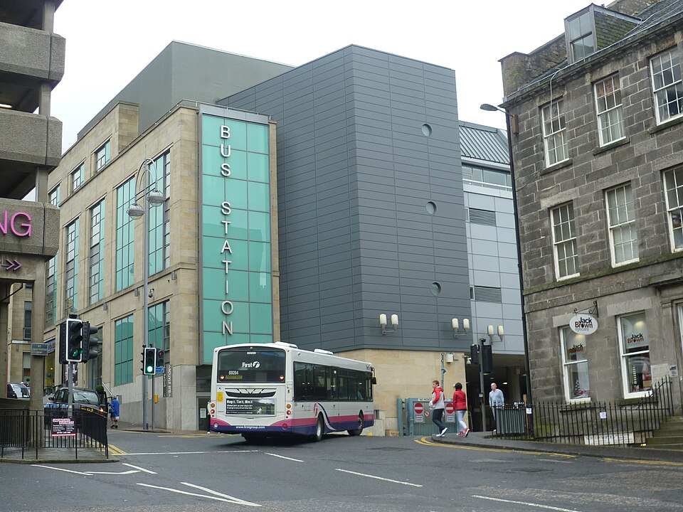 A coach enters the Edinburgh bus station