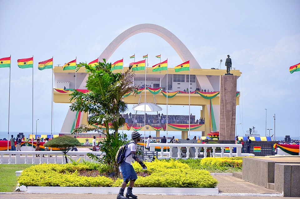 A man skates across an adorned Independence square in Accra