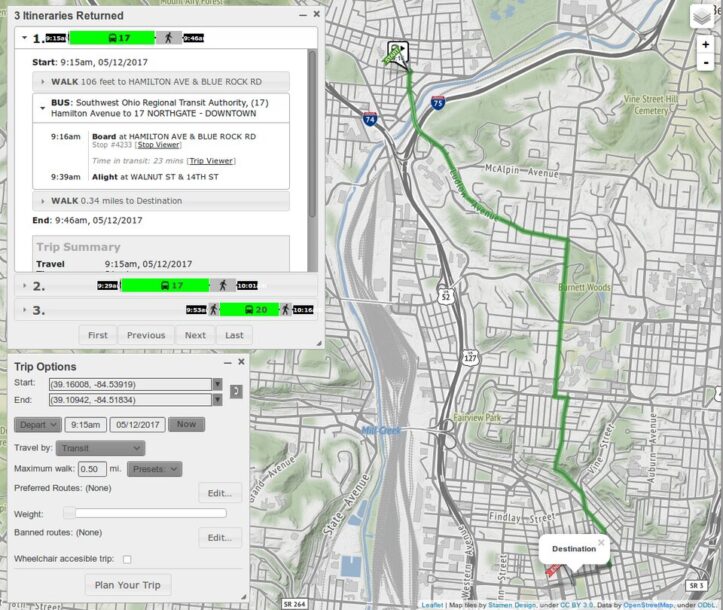 A trip planner software screen