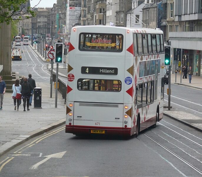 A Lothian bus on the 671 Dennis Trident Street