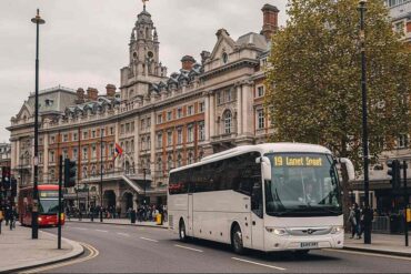 A Stansted airport bus approaching the Lanet street