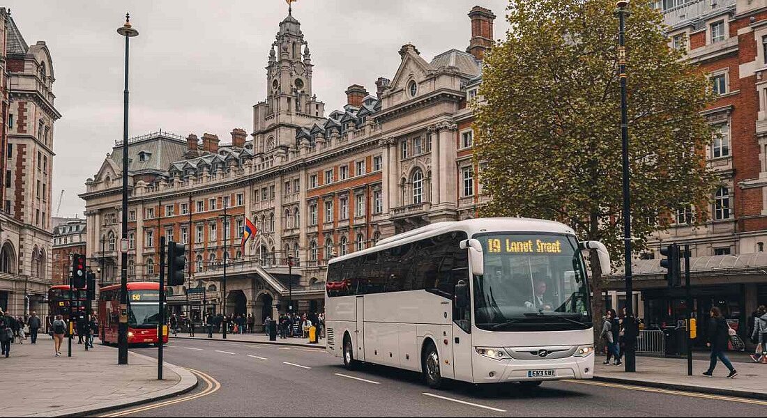 A Stansted airport bus approaching the Lanet street