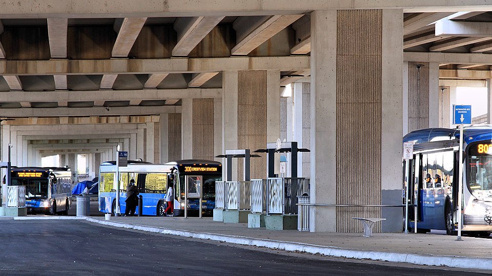 A boarding gate at a bus terminal