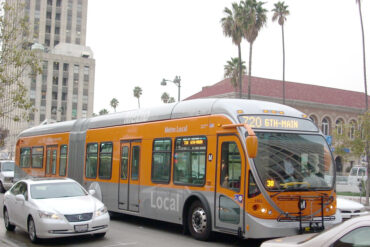 A bus drives on the Metro Rapid Line 720 Los Angeles