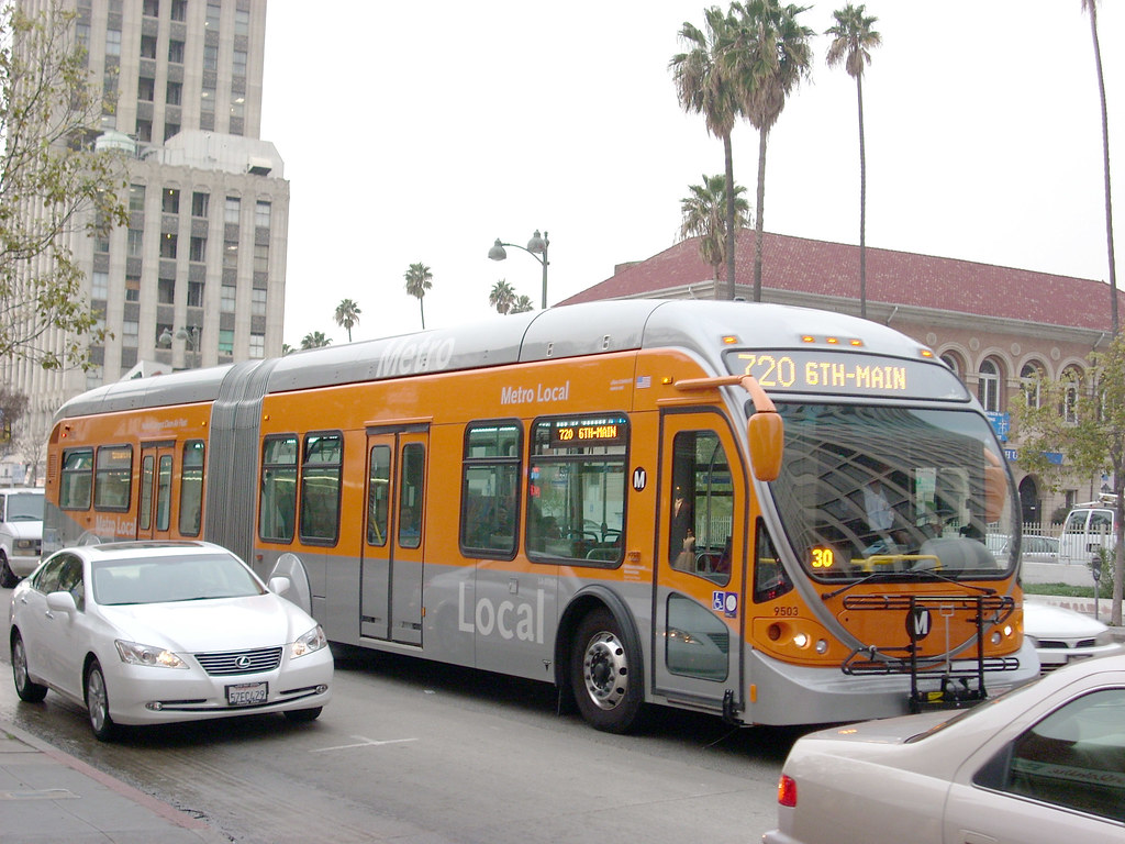 A bus drives on the Metro Rapid Line 720 Los Angeles
