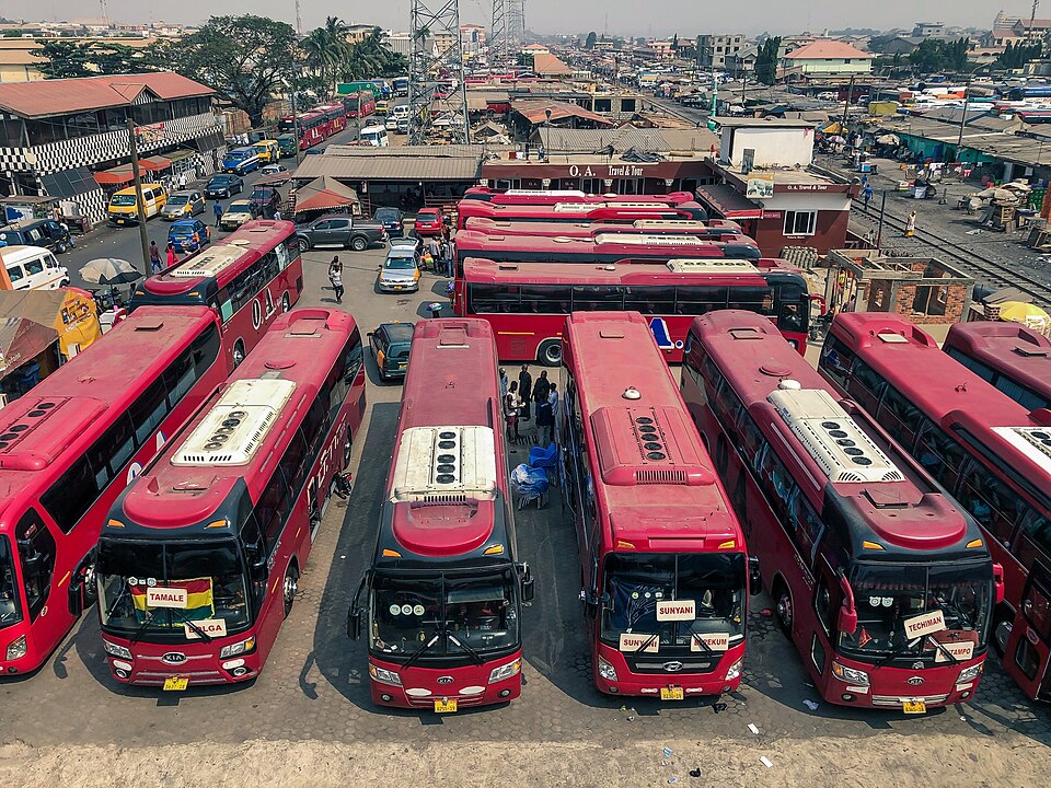 A bus station in the northern districts of the Kwame Nkrumah Circle of Ghana