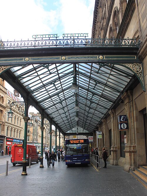 A bus stop in the central district of Glasgow