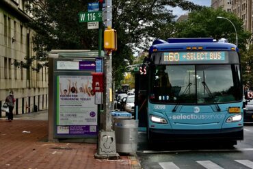 A bus stop on the M60 route in New York