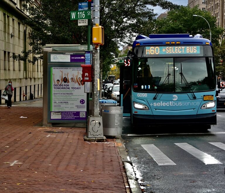 A bus stop on the M60 route in New York