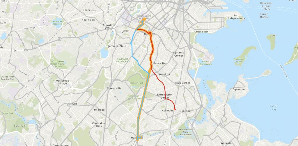 A diagram showing MBTA routes