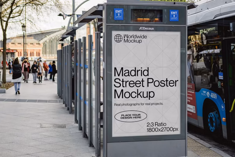 A digital bus stop displays an invitation to advertisers