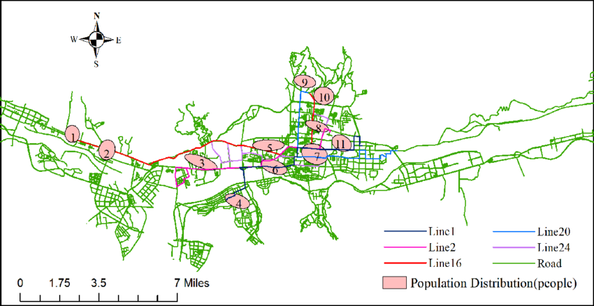 A map displaying bus routes on an app