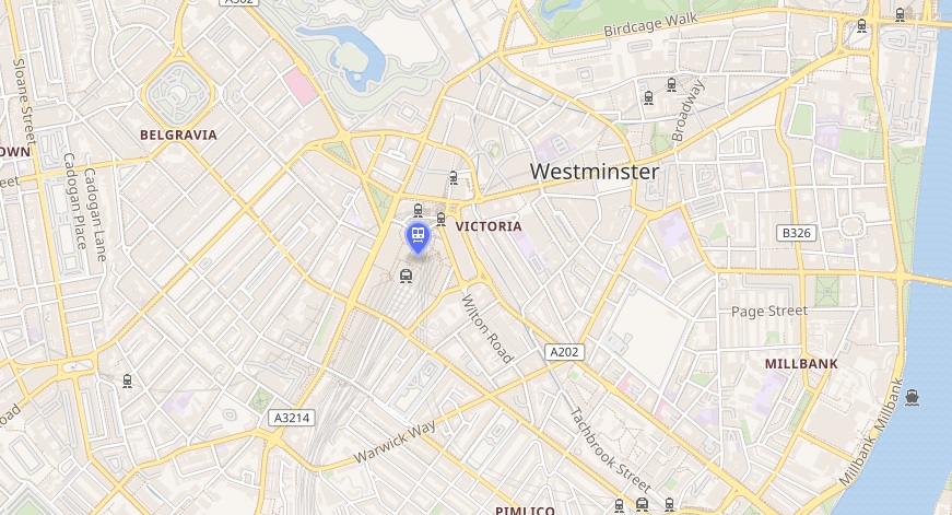 A map showing the location of Victoria bus station