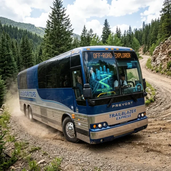 A sleeper bus drives the dirt road in the country