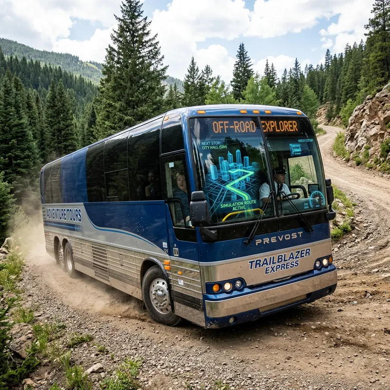 A sleeper bus drives the dirt road in the country