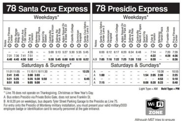 A timetable showing Santa Cruz bus services