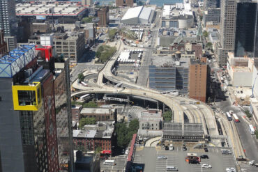Aerial view of port authority bus station showing the security ramps