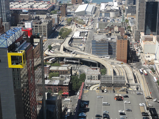 Aerial view of port authority bus station showing the security ramps