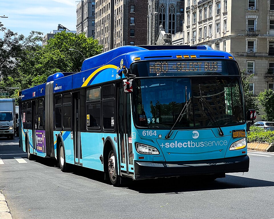 An MTA bus approaches a stop in New York City