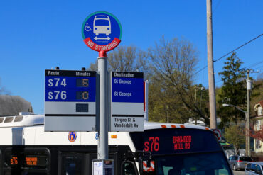 An MTA bus schedule display in New York