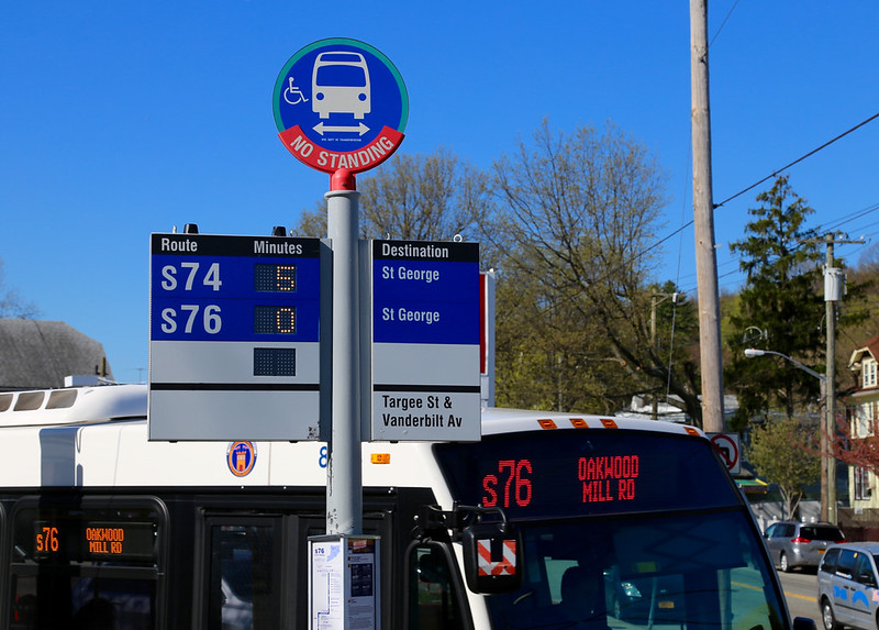 An MTA bus schedule display in New York