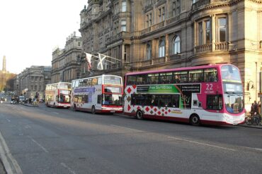 Colorful buses part in Edinburgh city