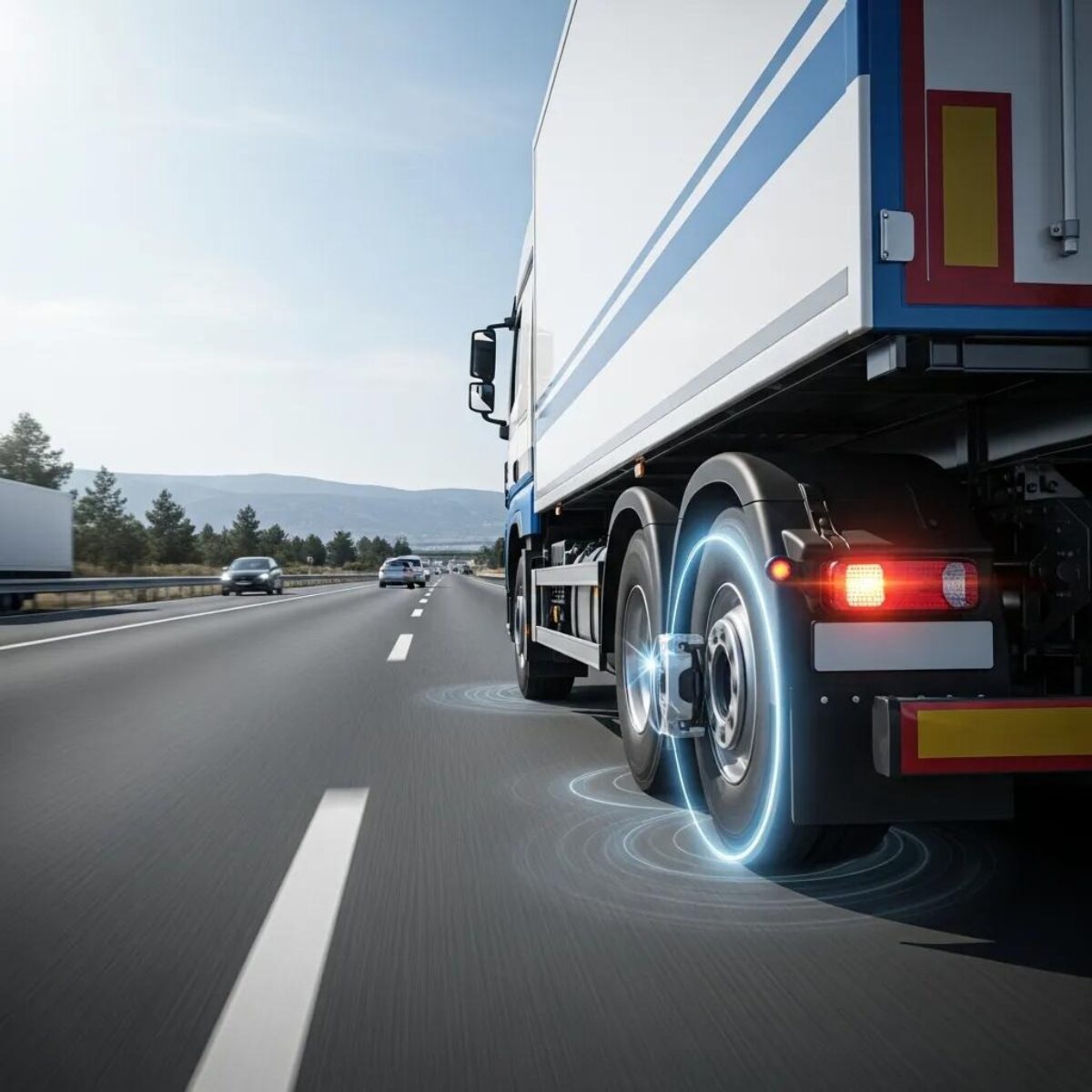 The wheels of a truck with an AI controlled automatic braking system