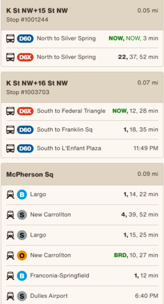 A Screen of Wmata trip Planner Mobile