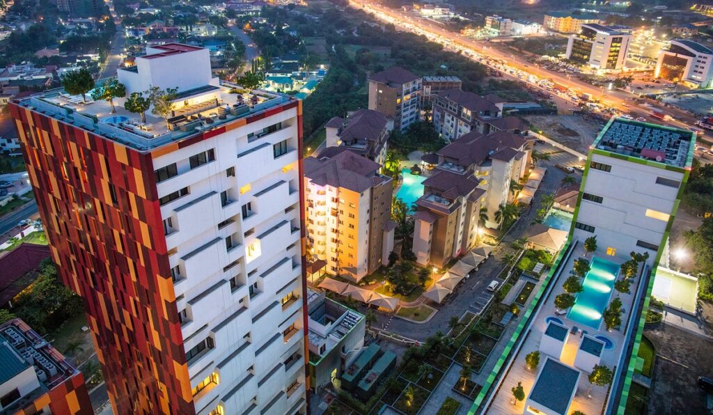 A close aerial shot of Villagio Accra