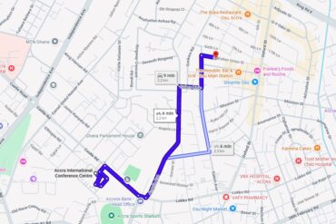 A map showing route from AICC to Regal Chinese Restaurant Accra