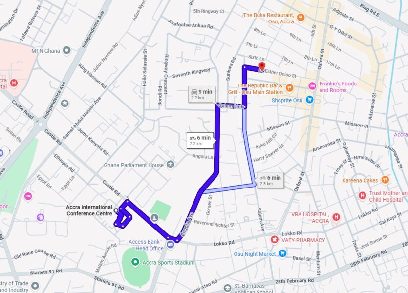 A map showing route from AICC to Regal Chinese Restaurant Accra
