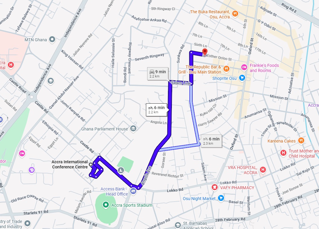 A map showing route from AICC to Regal Chinese Restaurant Accra