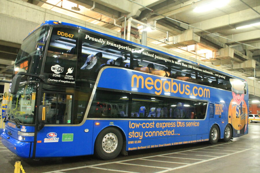 A Megabus parks at a station