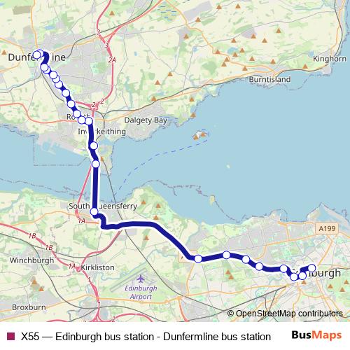 A map showing the X55 stop in Edinburgh