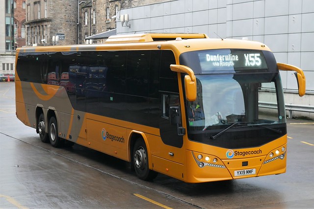 An x55 bus Dunfermline to Edinburgh bus departs the station