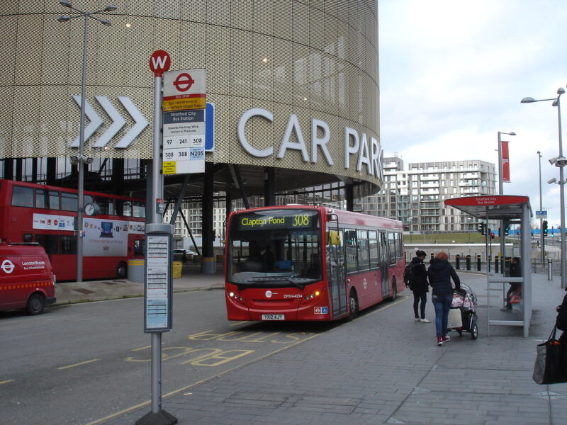 The 308 Stratford bus at a stop in London